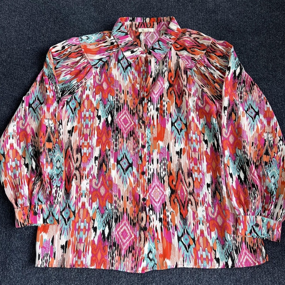 Pleione Blouse Womens XL Multicolor Geometric Ikat Print Button Front Tunic